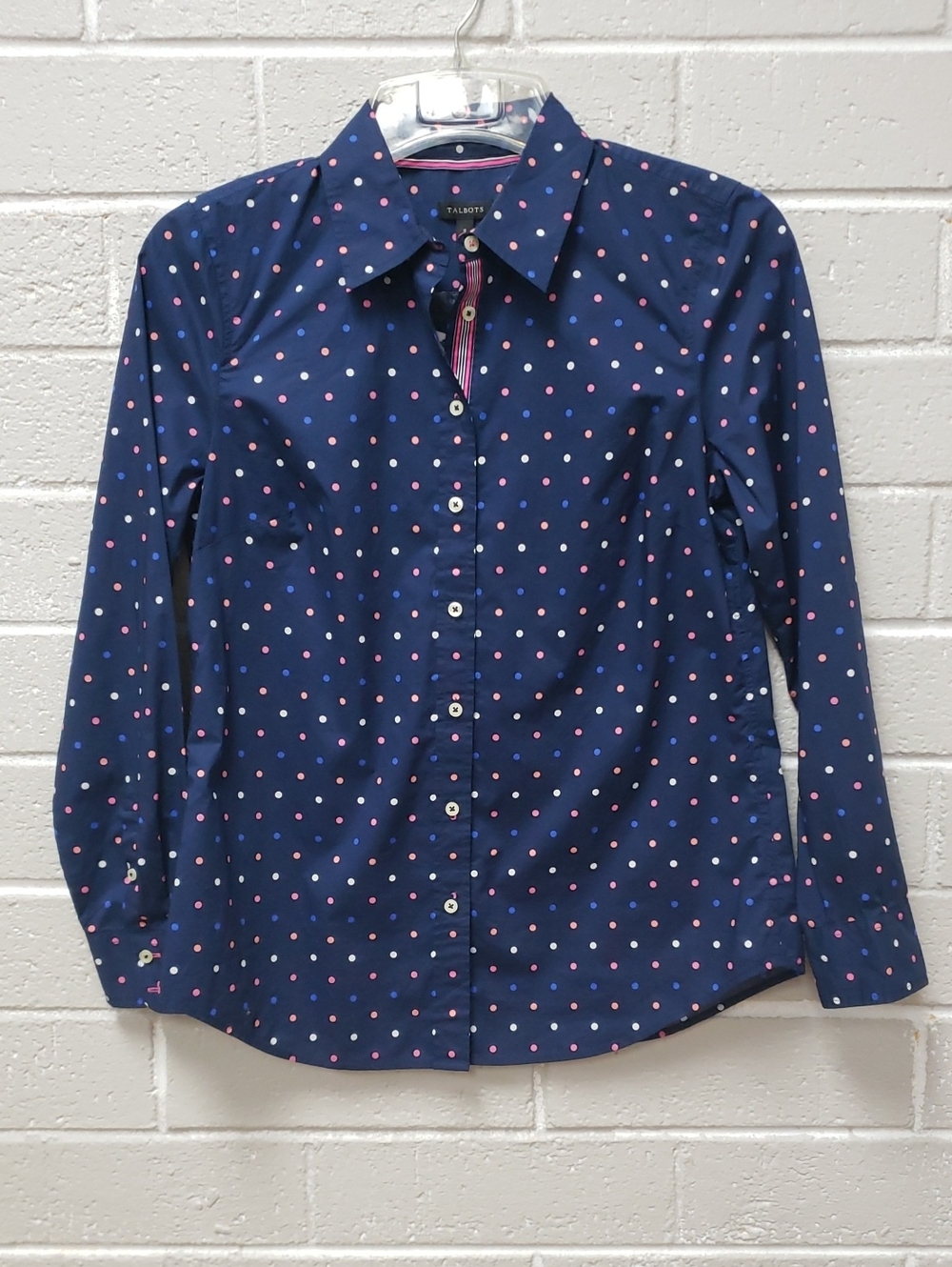 Talbots Navy Button-Down Shirt with Pink & White Polka Dots
